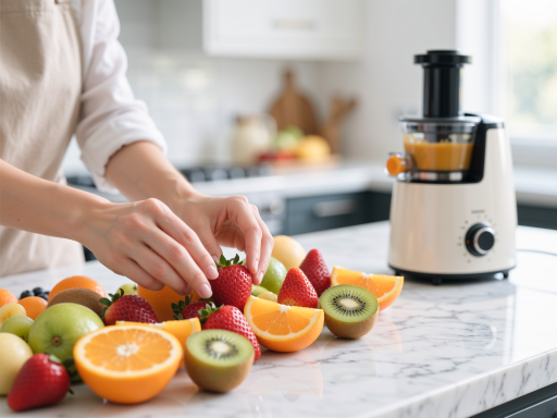Modern electric juicer with glass pitcher and multiple speed settings, placed on kitchen counter with fresh fruits