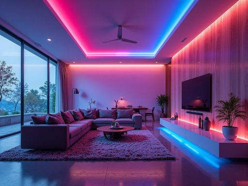 Colorful LED light string decorations with warm lighting effect, draped over a living room window